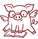 Illustration of a flying pig reading a book